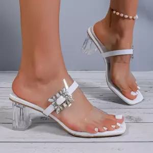 야무치 여자 데일리룩 신발 웨지힐 샌들 슬리퍼 PVC 큐빅일자 클리어 크리스털 굽 KUK5