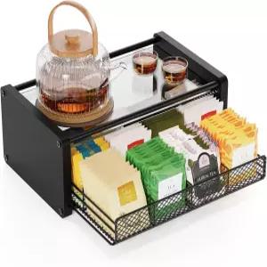 티백 정리함 서랍이 있는 티 및 보관함 칸막이 나무 주방 주방용 조리대 사무실 스테이션