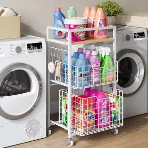 후시토칸 3단 세탁실 카트(풀아웃 바구니 포함) 유틸리티 카트 롤링 수납 카트(휠 욕실 정리함 선반(우드탑