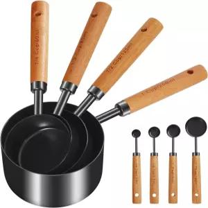 GuDoQi 8개 계량컵 및 숟가락 세트 나무 손잡이 황금 스테인리스 스틸 계량 미국 건식 액체 주방 요리