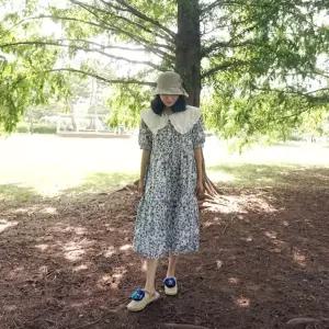 [하프클럽/앞머리]프릴 빅 카라 단추 플라워 패턴 롱 원피스n707