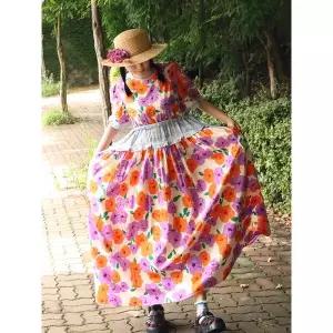 [하프클럽/앞머리]이국적인 플라워 패턴 오버핏 체크 롱 원피스n0717