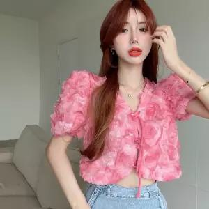 쇼트 디자인 브이넥 반팔 레이스 하이웨스트 티셔츠 우먼스