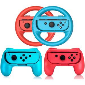 [미국배송] 조이콘용 PCS 그립 2개와 닌텐도 스위치 휠용 스티어링 휠 2개 스위치/스위치 OLED 조이콘 컨트롤러와 호환되는 패밀리 스포츠 파티 팩 액세서리(파란색 및 빨간색)