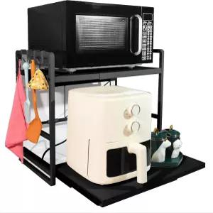 BeSokar 2단 전자레인지 랙 - 높이 조절 및 확장 가능한 서랍이 있는 주방 선반 탄소강 후크 보강 흡입 컵