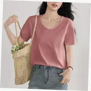 여성 반팔 티셔츠 브이넥 무지 핑크 코튼 데일리 캐주얼 상의 여름