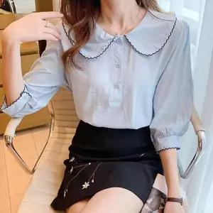 블라우스 여성 반팔 하객 블루 카라 여름 예쁜