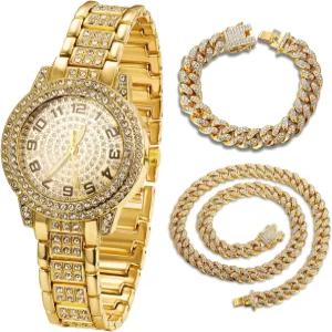 소년 청소년을 위한 할루카카 다이아몬드 시계 아이스 아웃 - 18K 리얼 골드 /플래티넘 도금 아라비아 숫자