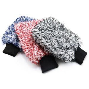 푸사카스 극세사 세차 미트 - 파란색, 빨간색, 검은색, 세탁기 세척 가능, 보풀 없음, 10인치 X 8인치 장갑이 포함된 스크래치 없는 3팩