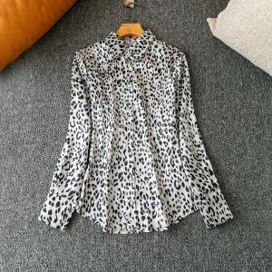 블라우스 셔츠 호피 레오파드 카라 루즈 레트로 쉬폰 나염