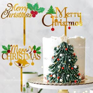 꽃 골드 메리 크리스마스 케이크 토퍼 새해 케이크 장식을위한 아크릴 메리 크리스마스 케이크 토퍼