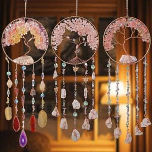 크리스탈 핑크 쿼츠 생명의 차크라 장식 드림캐쳐 천연석 힐링 선캐쳐 선물 원석 나무 크리스마스