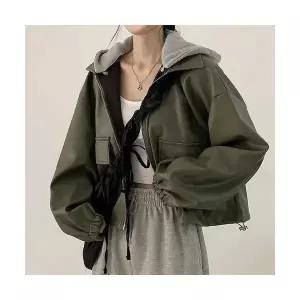 엘럽 여성용 야구 점퍼 가을 겨울 빈티지 지퍼 빅 포켓 캐주얼 숏 후드 가죽 코트 박템4