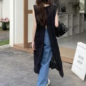 여성 유니크 시스루 트임 롱조끼 레어어드 휴가룩