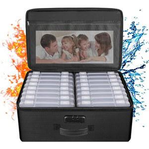 ENGPOW 방화 사진 보관함 5인치 x 7인치 케이스(클리어), 잠금 장치가 있는 16개의 내부 보관함, 접이식 휴대용 산이 없는 보관 용기, 사진을 찍을 수 손잡이, 귀중품