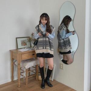 [기타]빅사이즈 레이어드 체크조끼 롱베스트 브이넥 울니트