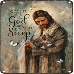 1kEstiyond 금속 사인 놀라운 예수 작은 고양이 아름다운 - 하나님께 주고 잠자리에 들다 영감을 주는 명언