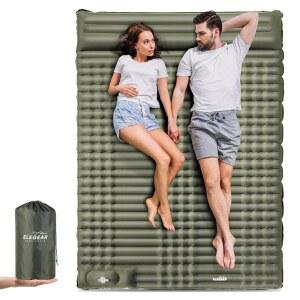 캠핑용 엘레기어 더블 슬리핑 패드 4인치 초두꺼운 셀프 팽창 캠핑 패드 2인용 베개 내장 풋 펌프 배낭여행 하이킹 텐트(군용 그린 풀)용 휴대용 수면 매트