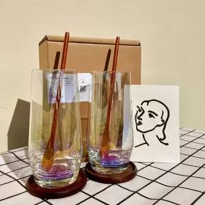 오로라  홀로그램  길쭉이 2인세트 우드코스터 유리잔