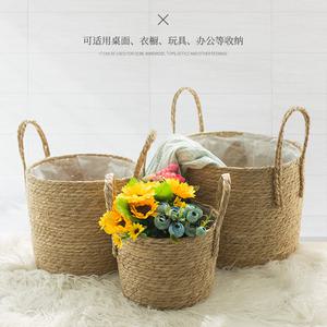 양철통 수제 짠 화분 바구니 세탁 보관 짚 고리 버들 등나무 해초 정원 꽃 냄비