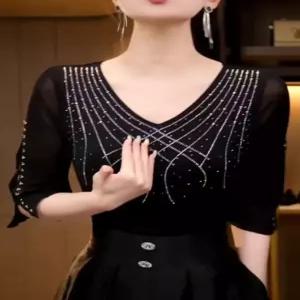 여성 라인댄스복 7부 소매 댄스복 메쉬 무용 프릴