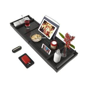 욕조용 목욕 캐디 트레이 - 고급 스파 또는 독서에 적합한 무료 비누 접시가 있는 욕실용 대나무 조절식 정리 트레이(블랙)