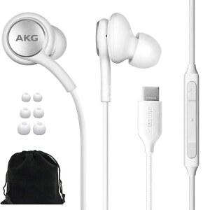 삼성 AKG 이어버드 오리지널 USB 타입 인이어 헤드폰 리모컨 마이크 포함 갤럭시 S23 울트라 A53 5G S22 S21 FE S20 노트 10 S10 플러스 브레이드 벨벳 파우치 흰색