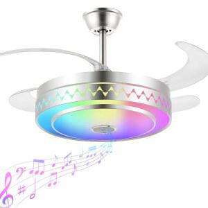 조명과 리모컨이 있는 현대적인 접이식 천장 선풍기, 6단 디밍 가능한 팬들, 블루투스 스피커가 스마트 선풍기 조명, RGB 색상 리버서블 침실 거실(크롬, 42인치)