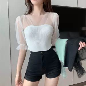 신축성 러블리 좋은 퍼프 니트 반팔 여친룩 남자 친구랑트윈룩 박스티 커플 유넥 오버핏 맨투맨