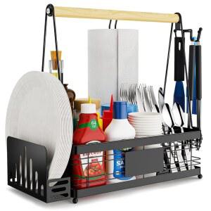 접시 홀더와 종이 타월 홀더가 있는 구이부케얀 그릴 캐디, 야외 요리, 캠핑 필수품, 필수품을 위한 피크닉 바비큐 조미료 정리 남성용 선물