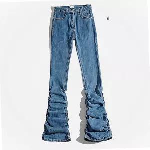 여성 하이웨이스트 청바지 바지 나팔 워싱 플리츠 플레어 다리 여성용 셔링 트임 부츠컷