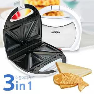 크루거 733 붕어빵 샌드위치 3in1 와플 메이커/간식 기계 와플기 크로플 빵 전기 가정용 제조기 크로플기
