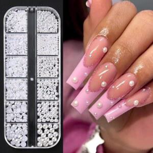 멀티 사이즈 원형 및 하프 진주 3D 네일 매력, 화이트 플랫백 여성용 주얼리 매니큐어 용품 DIY 공예 장식 u2026