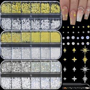 HNUIX 스타 네일 참스 - 3D 메탈 골드 & 실버 캐비어 비즈, 플랫백 AB 화이트 라인스톤 및 보석, 하프 라운드 펄, 키트 포함, 아트, DIY 공예 액세서리 매니큐어 데코