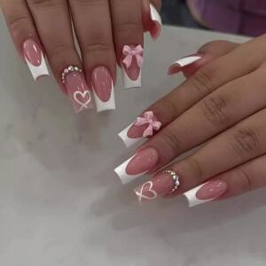 24개 중간 크기 사각형 인조 손톱 심플 블랙 프렌치 팁 프레스온 네일 3D 다이아몬드 리본 디자인 스파이스