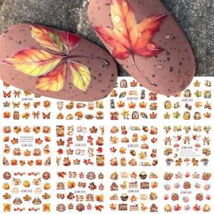 12가지 디자인 가을 네일 스티커 만화 단풍잎 호박 다람쥐 데칼 워터 트랜스퍼 슬라이더 DIY 매니큐어 데코