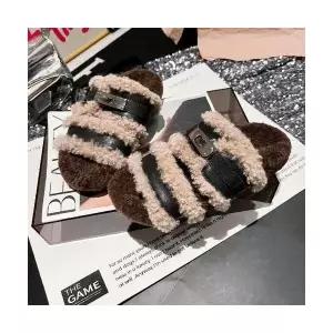 여성용 스트랩 샌들 신발 스웨이드 퍼 메탈 버클 오픈토 일자 플랫 슬리 버켄 화 KS5