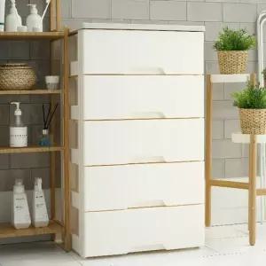 모던플러스 화이트오크 우드상판 플라스틱 서랍장 5단