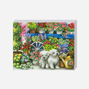 DIY 보석십자수 세트 꽃수레와 강아지 40x50cm 동물 풍경 캔퍼스 액자형 비즈