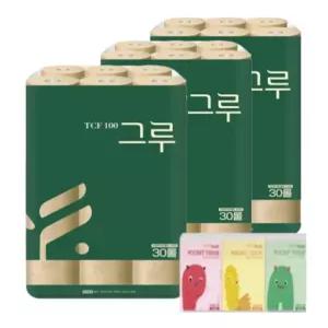 그루 오리지날 무표백 천연펄프 화장지 3겹 30m 30롤 3팩+포켓휴대용 티슈 10매 3개