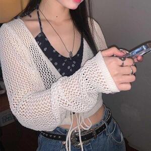 [셀러허브]브이넥 숏 감성가디건 펀칭 크롭 넥 스트링 휴양지 커버업 (S31589707)