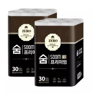 도톰한 숨 프리미엄 골드 제로 3겹 30m 30롤 2팩 무형광 화장지 휴지 두루마리 비데겸용
