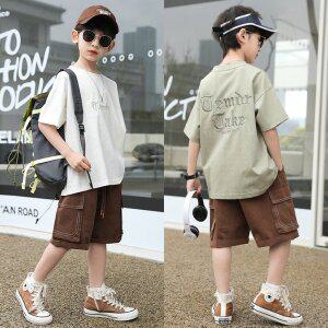 [삐삐네옷가게]남아 주니어 심플 빈티지 브라운 반바지 세트