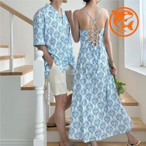 스타일 커플 여름 바다 원피스와 여행 셔츠 휴가