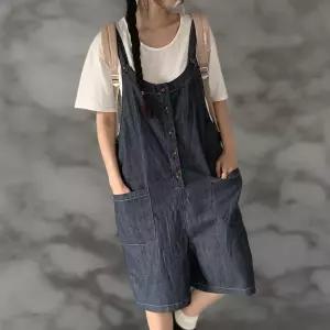 여자 포켓 와이드 버튼 스티치 린넨 점프수트