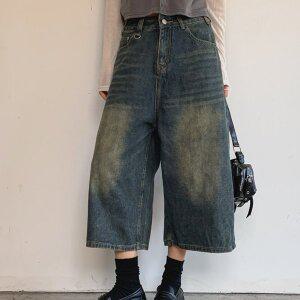 [신세계라이브쇼핑][옷자락] 여자 빈티지 버뮤다 워싱 코튼 와이드 8부 데님