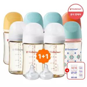 더블하트 모유실감 240ml 싱글더블세트+젖꼭지 2개입 (젖병2+젖꼭지4)+스킨케어 견본 5종