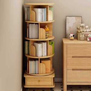 슬림 회전 책장 자작원목 책꽂이 서재 원형 46x46x126