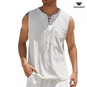 [위즈아이]남성 여름 남자 레이스업 린넨 민소매 티셔츠 여름 빈티지 루즈핏 나시 WI061T