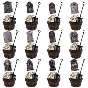 LOVER 48개 할로윈 컵케이크 토퍼 생일 파티를 위한 미니 삽 스푼이 포함된 묘비 묘지 케이크 장식품